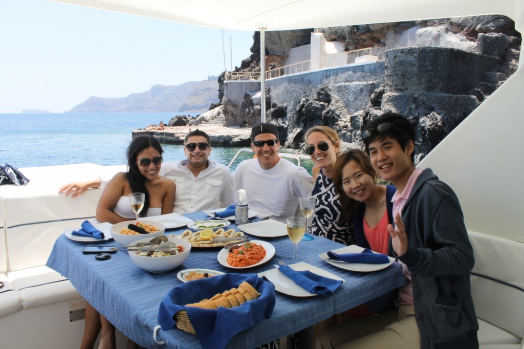 Dining with our new friends in front of Ekklesia Agios Nikolaos.