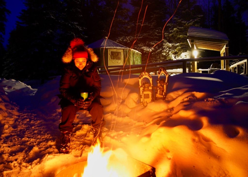 Campfire while winter camping
